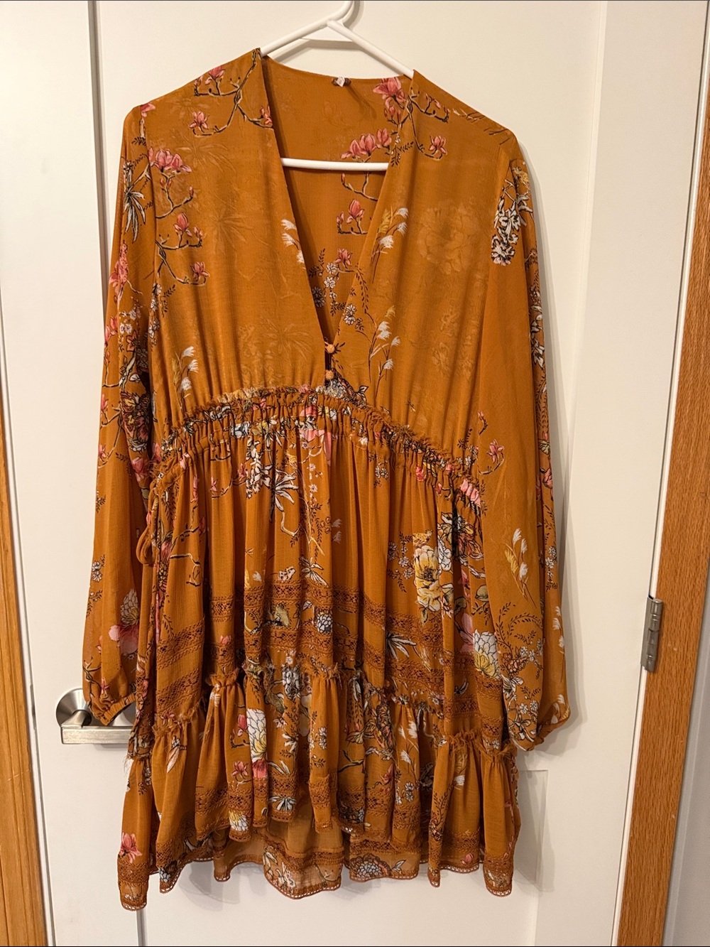 Free People Mustard Floral Smocked Waist Boho Mini Dress- chiffon, babydoll- Med